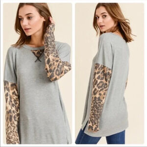 Gray Leopard Sleeve Long Sleeve Top
